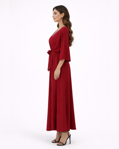 Robe Longue Fluide à Col en V et Manches Chauve-souris avec Taille Nouée et Fente Latérale
