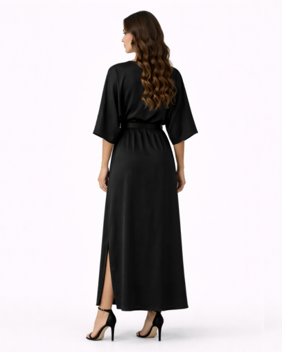 Robe Longue Fluide à Col en V et Manches Chauve-souris avec Taille Nouée et Fente Latérale