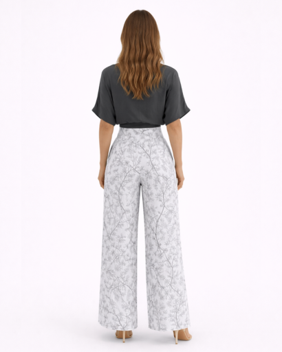 Ensemble Femme Élégant : Top Court Croisé et Pantalon Large à Motifs Floraux et Oiseaux