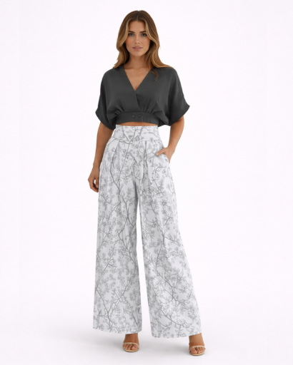 Ensemble Femme Élégant : Top Court Croisé et Pantalon Large à Motifs Floraux et Oiseaux