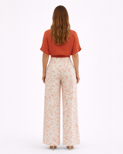 Ensemble Femme Élégant : Top Court Croisé et Pantalon Large à Motifs Floraux et Oiseaux