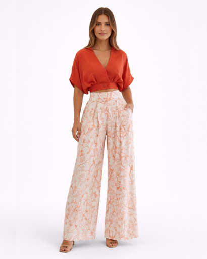 Ensemble Femme Élégant : Top Court Croisé et Pantalon Large à Motifs Floraux et Oiseaux