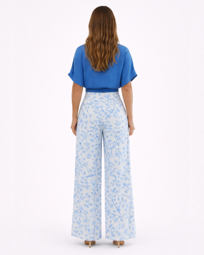 Ensemble Femme Élégant : Top Court Croisé et Pantalon Large à Motifs Floraux et Oiseaux
