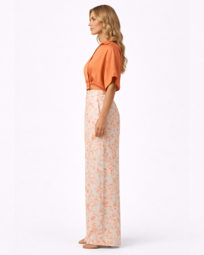 Ensemble Femme Élégant : Top Court Croisé et Pantalon Large à Motifs Floraux et Oiseaux