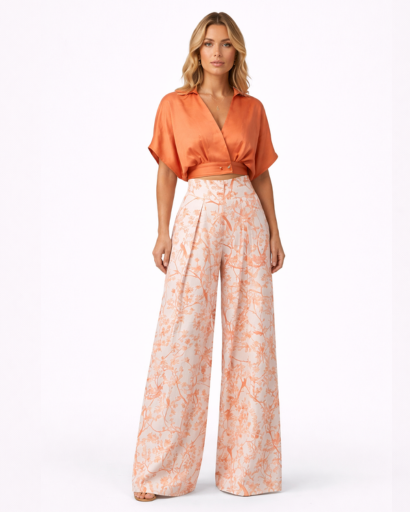 Ensemble Femme Élégant : Top Court Croisé et Pantalon Large à Motifs Floraux et Oiseaux