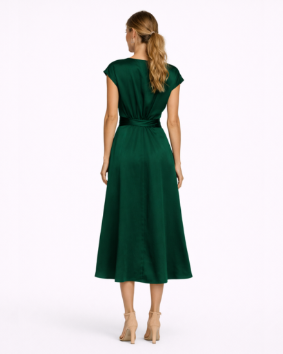 Robe Longue Satinée à Taille Nouée et Coupe Croisée Élégante