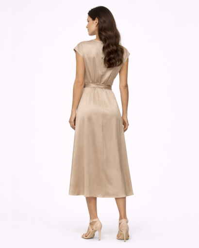 Robe Longue Satinée à Taille Nouée et Coupe Croisée Élégante