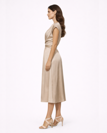 Robe Longue Satinée à Taille Nouée et Coupe Croisée Élégante