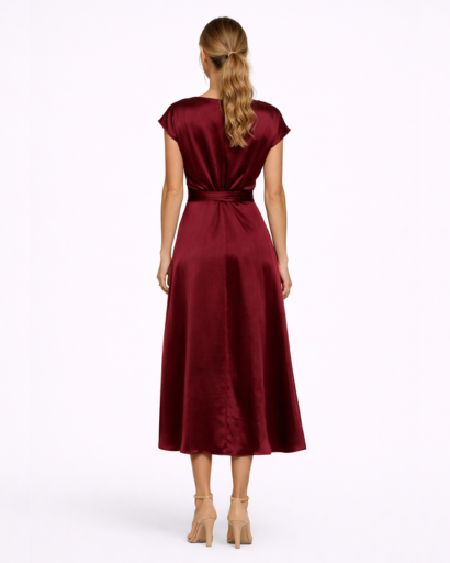 Robe Longue Satinée à Taille Nouée et Coupe Croisée Élégante