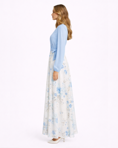 Robe Maxi Cache-Cœur à Jupe Longue Imprimé Floral et Manches Bouffantes