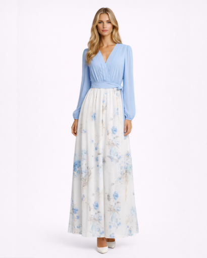 Robe Maxi Cache-Cœur à Jupe Longue Imprimé Floral et Manches Bouffantes
