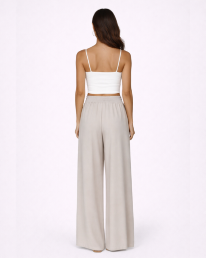 Pantalon Large Fluide à Taille Haute Élastique et Cordon de Serrage