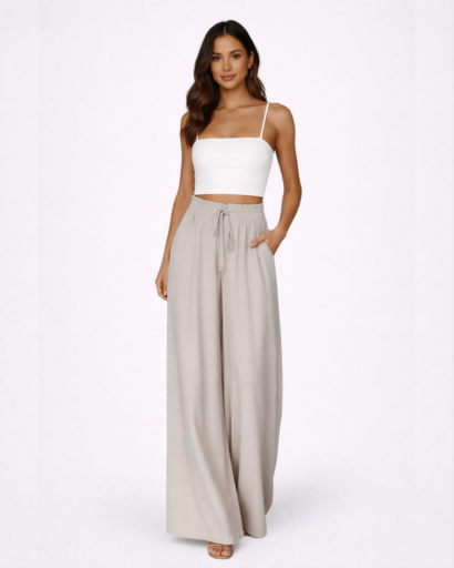 Pantalon Large Fluide à Taille Haute Élastique et Cordon de Serrage