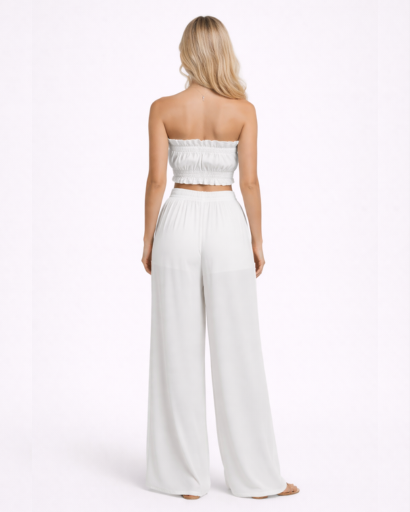 Pantalon Large Fluide à Taille Haute Élastique et Cordon de Serrage