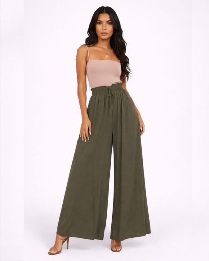 Pantalon Large Fluide à Taille Haute Élastique et Cordon de Serrage
