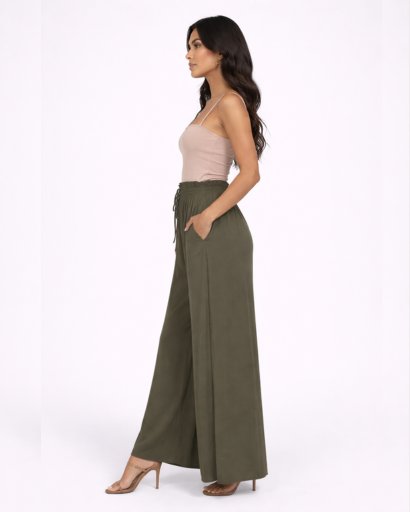 Pantalon Large Fluide à Taille Haute Élastique et Cordon de Serrage