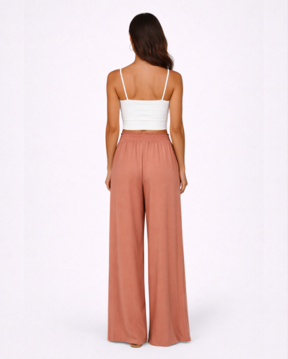Pantalon Large Fluide à Taille Haute Élastique et Cordon de Serrage