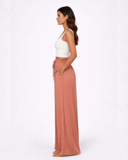 Pantalon Large Fluide à Taille Haute Élastique et Cordon de Serrage