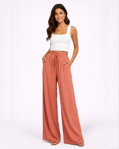 Pantalon Large Fluide à Taille Haute Élastique et Cordon de Serrage