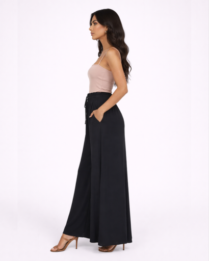 Pantalon Large Fluide à Taille Haute Élastique et Cordon de Serrage