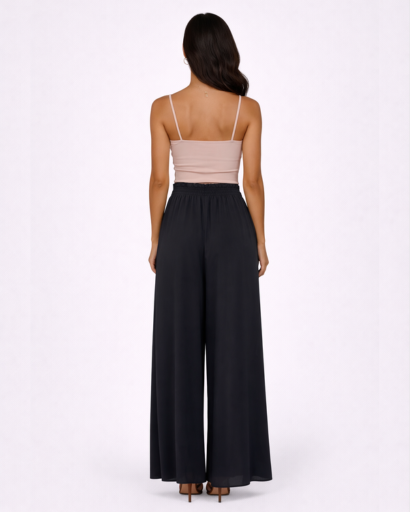 Pantalon Large Fluide à Taille Haute Élastique et Cordon de Serrage