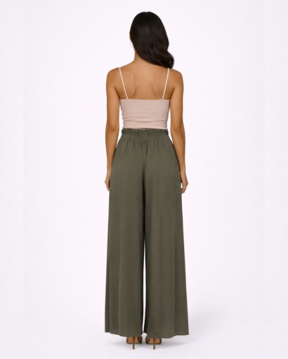 Pantalon Large Fluide à Taille Haute Élastique et Cordon de Serrage
