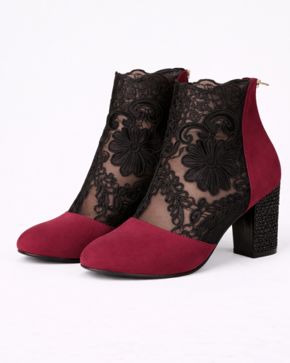 Bottines à talon bloc pour femme avec empiècement dentelle florale et mesh transparent