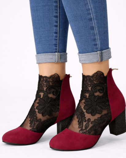 Bottines à talon bloc pour femme avec empiècement dentelle florale et mesh transparent