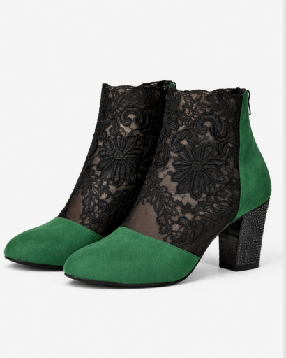 Bottines à talon bloc pour femme avec empiècement dentelle florale et mesh transparent