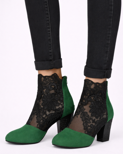 Bottines à talon bloc pour femme avec empiècement dentelle florale et mesh transparent