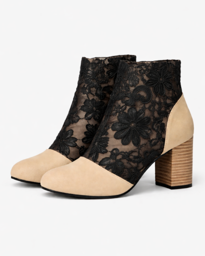 Bottines à talon bloc pour femme avec empiècement dentelle florale et mesh transparent