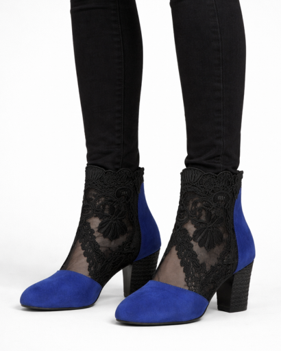 Bottines à talon bloc pour femme avec empiècement dentelle florale et mesh transparent