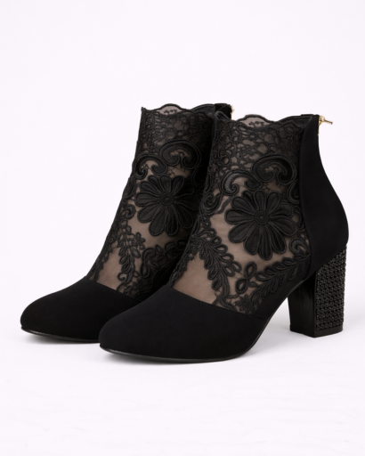 Bottines à talon bloc pour femme avec empiècement dentelle florale et mesh transparent