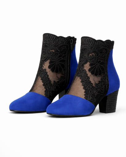 Bottines à talon bloc pour femme avec empiècement dentelle florale et mesh transparent
