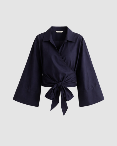 Blouse cache-cœur femme à nouer coupe courte avec manches longues évasées