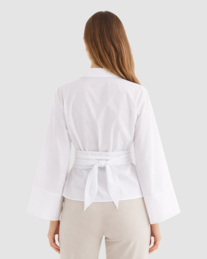 Blouse cache-cœur femme à nouer coupe courte avec manches longues évasées