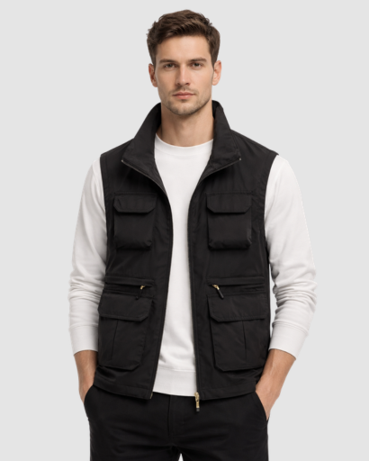 Gilet Homme Sans Manches Multi-Poches avec Fermeture Zippée et Col Montant