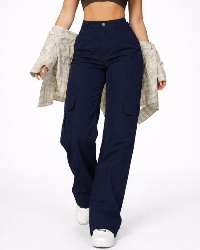 Pantalon Cargo Femme Taille Haute Jambes Larges avec Poches