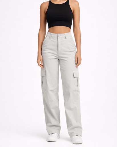 Pantalon Cargo Femme Taille Haute Jambes Larges avec Poches