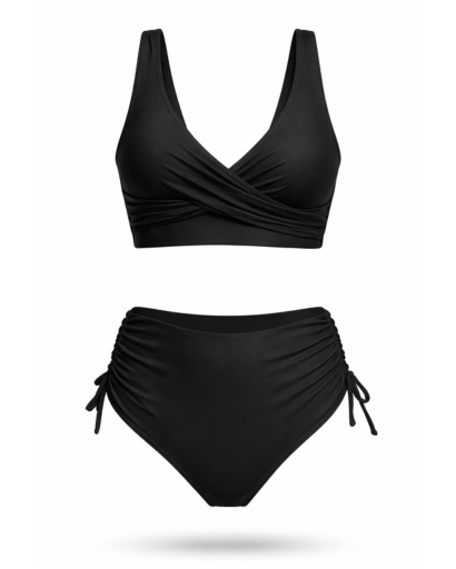 Maillot de bain deux pièces taille haute drapé croisé
