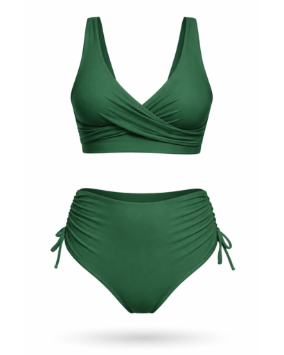 Maillot de bain deux pièces taille haute drapé croisé