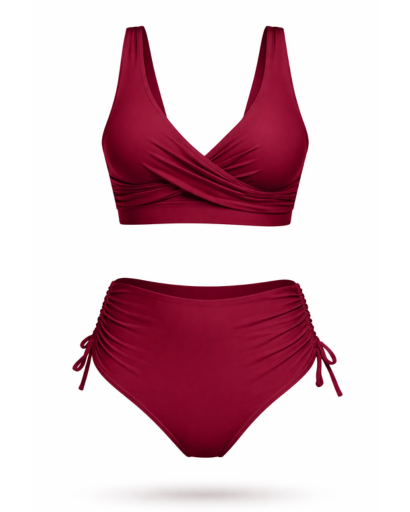 Maillot de bain deux pièces taille haute drapé croisé