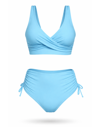 Maillot de bain deux pièces taille haute drapé croisé
