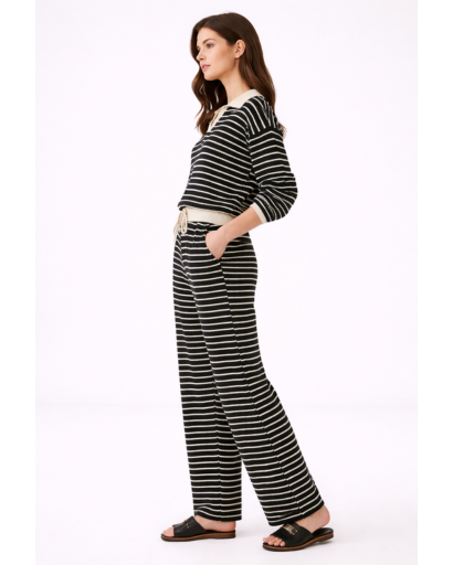 Ensemble maille deux pièces rayé pull col polo pantalon large
