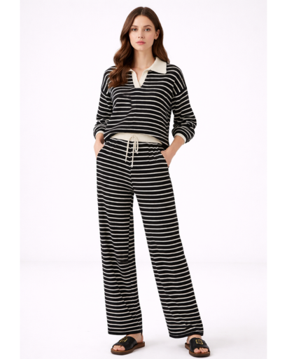 Ensemble maille deux pièces rayé pull col polo pantalon large