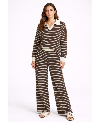 Ensemble maille deux pièces rayé pull col polo pantalon large
