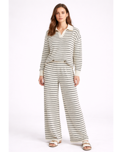 Ensemble maille deux pièces rayé pull col polo pantalon large