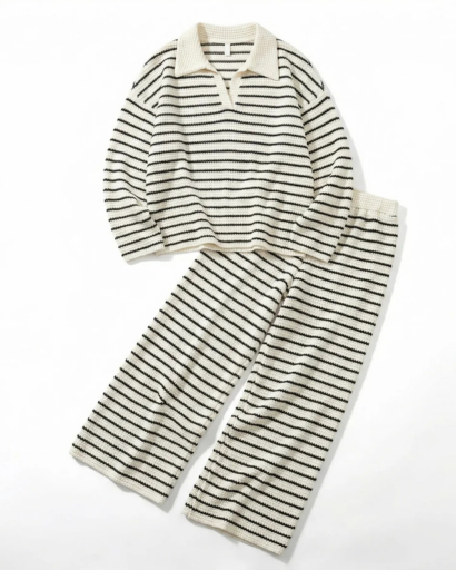 Ensemble maille deux pièces rayé pull col polo pantalon large