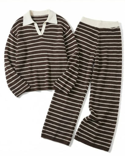 Ensemble maille deux pièces rayé pull col polo pantalon large
