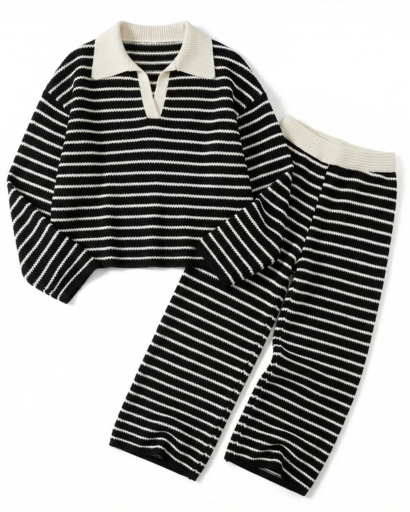 Ensemble maille deux pièces rayé pull col polo pantalon large